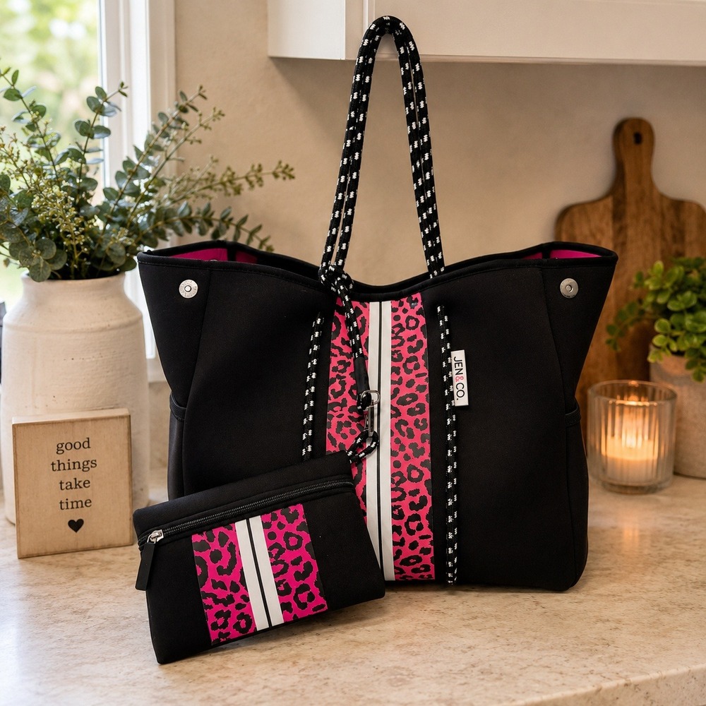 NWT Jen & Co Black Pink Leopard Neoprene Tote Bag w Wristlet Pouch Large Travel